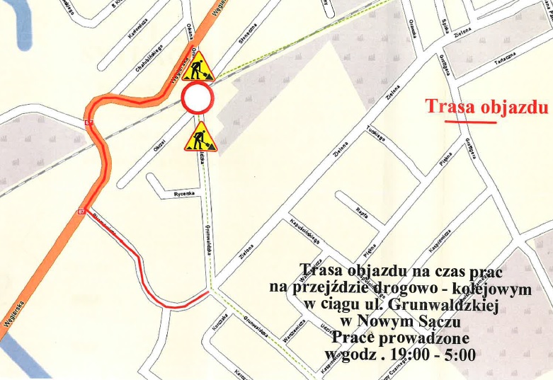 Informacja dotycząca utrudnień na przejeździe drogowo kolejowym przy ul. Grunwaldzkiej od 04.05.2023r. do 06.05.2023r.