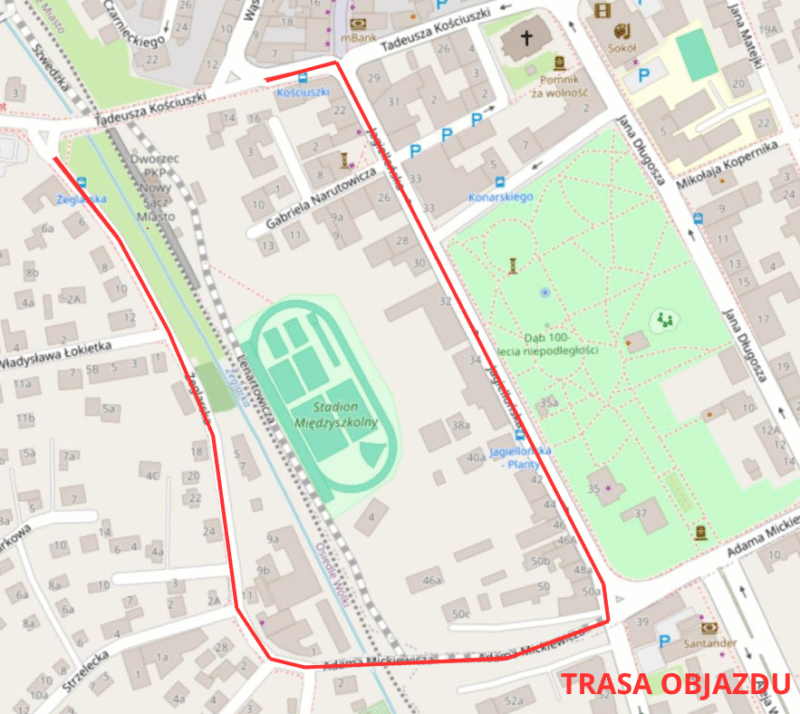 Trasa objazdu.