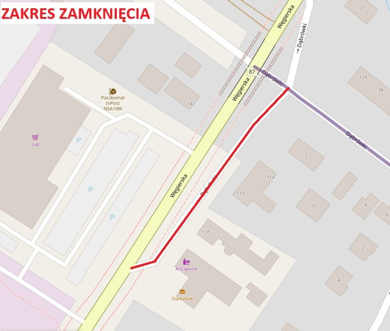 grafika przedstawiająca zakres zamknięcia ul. Dąbrówki